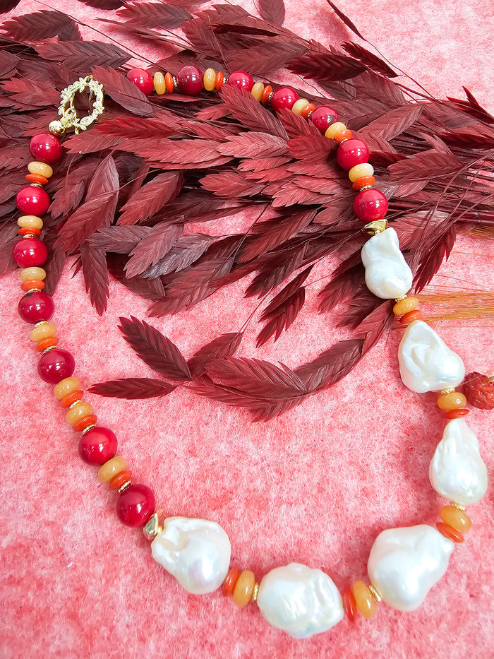 Red Bamboo Coral With Baroque Pearls Statement Necklace SN003