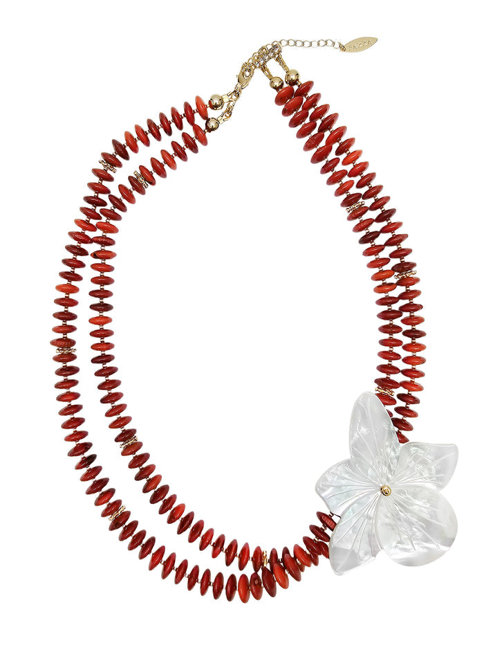 Red Bamboo Coral With Flower Shell Double Layers Necklace