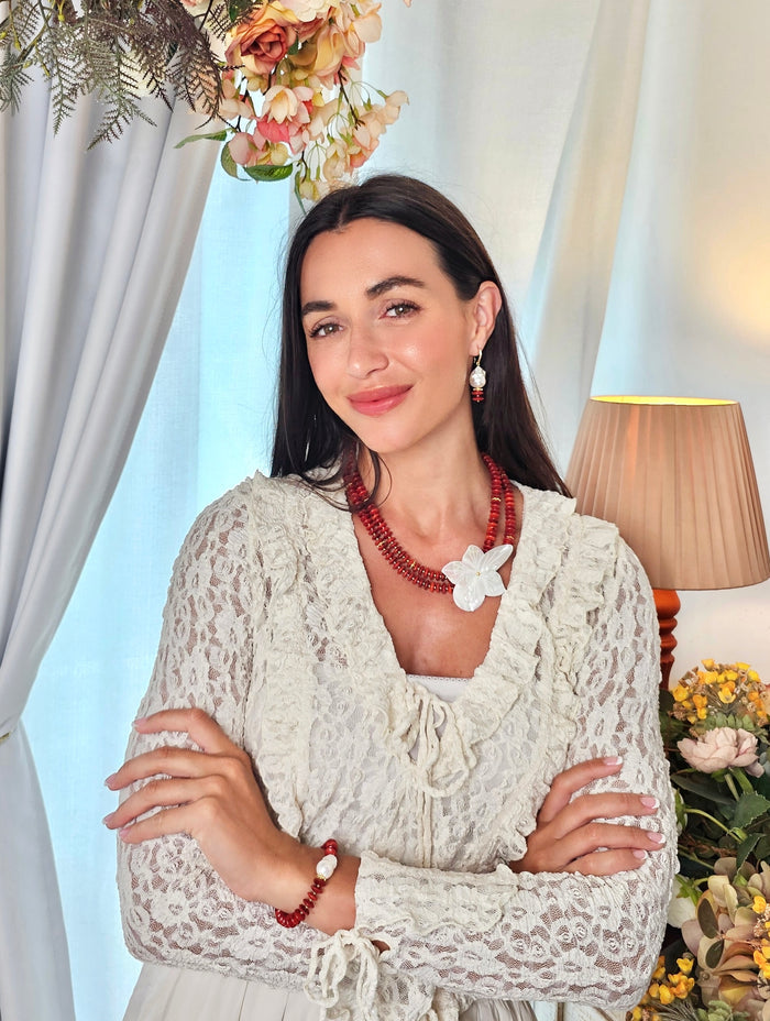 Red Bamboo Coral With Flower Shell Double Layers Necklace