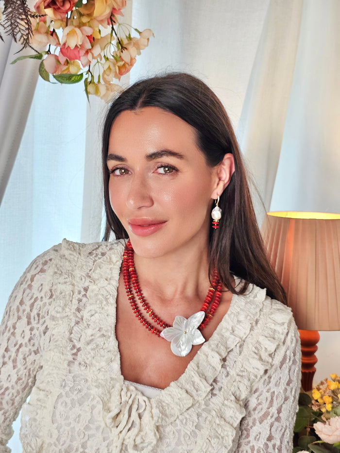 Red Bamboo Coral With Flower Shell Double Layers Necklace
