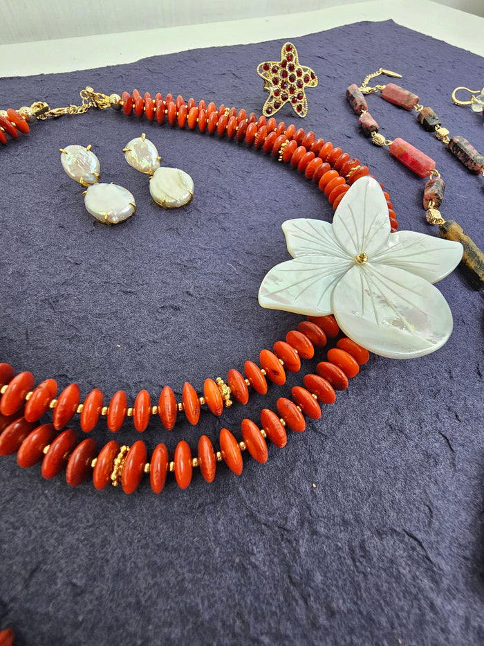 Red Bamboo Coral With Flower Shell Double Layers Necklace