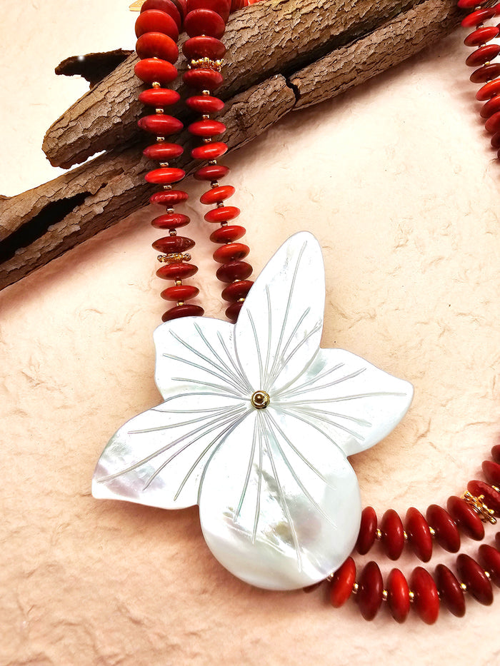 Red Bamboo Coral With Flower Shell Double Layers Necklace