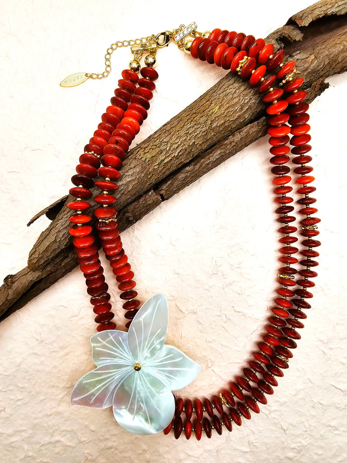 Red Bamboo Coral With Flower Shell Double Layers Necklace