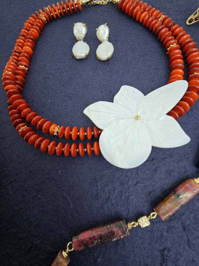 Red Bamboo Coral With Flower Shell Double Layers Necklace