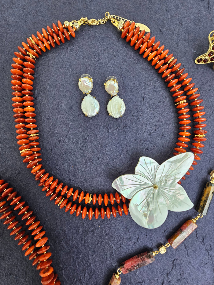Red Bamboo Coral With Flower Shell Double Layers Necklace