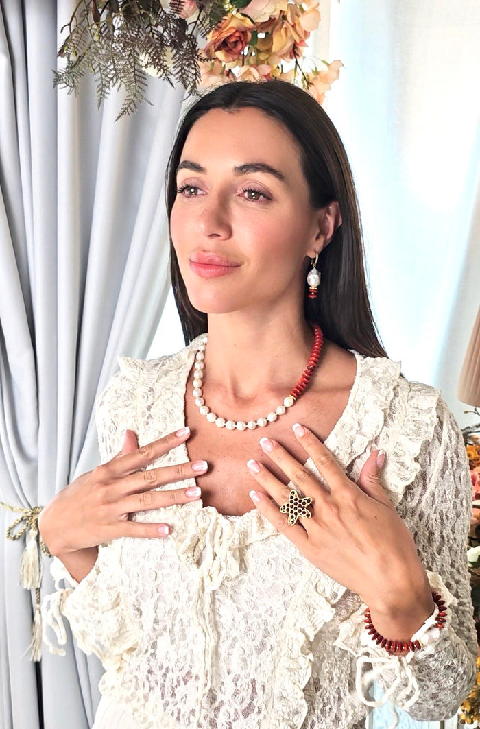 Red Bamboo Coral With Freshwater Pearls Necklace QN034