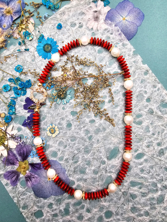 Red Bamboo Coral With Freshwater Pearls Necklace RN031