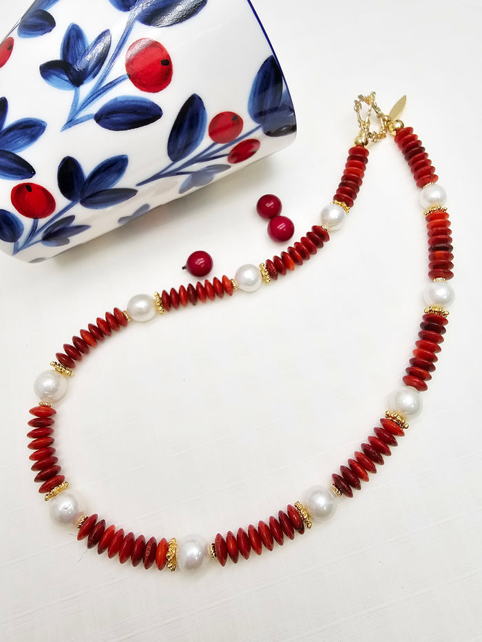 Red Bamboo Coral With Freshwater Pearls Necklace RN031