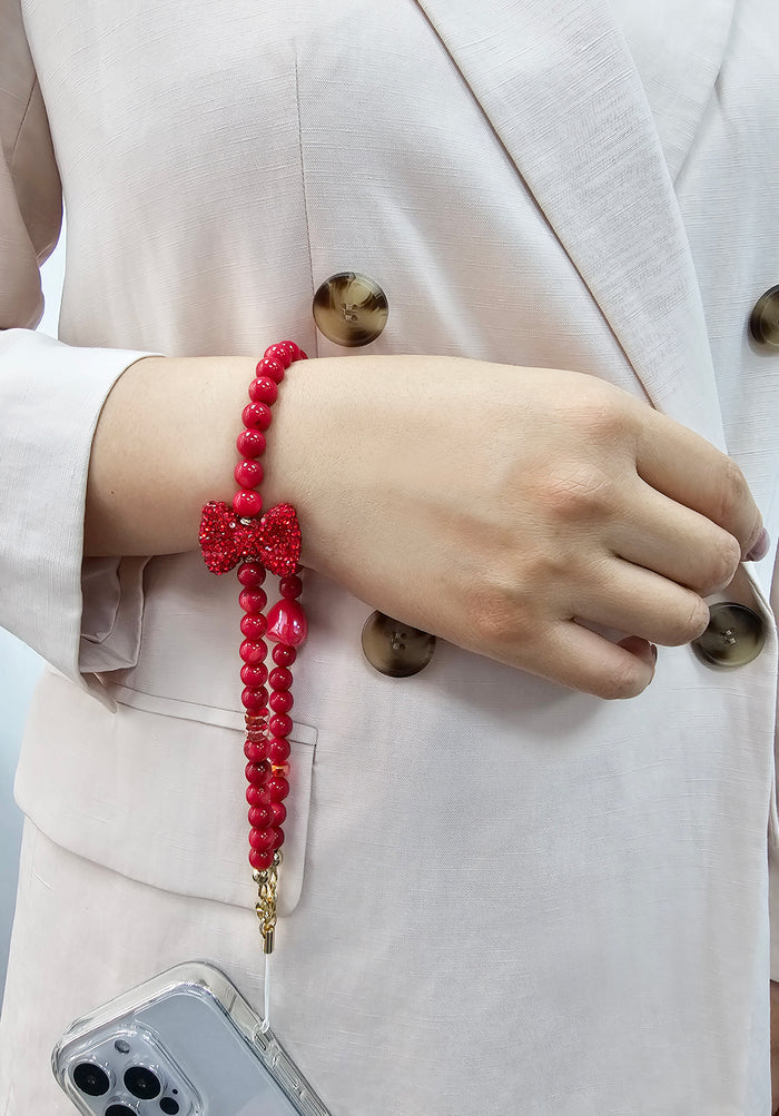 Red Bamboo Coral With Red Rhinestone Butterfly Knot Phone Strap PC069