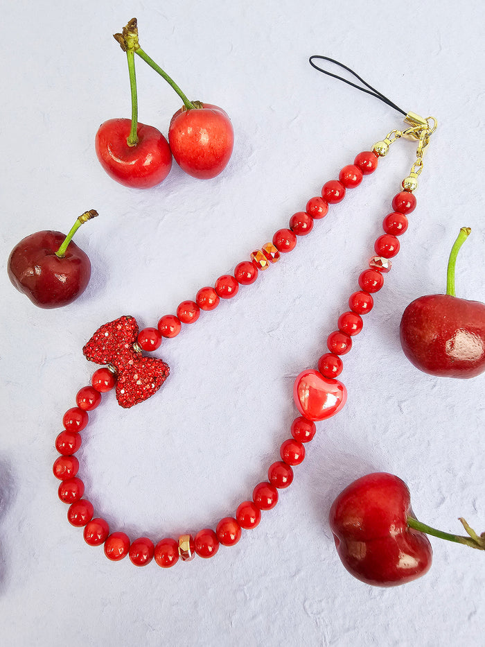 Red Bamboo Coral With Red Rhinestone Butterfly Knot Phone Strap PC069