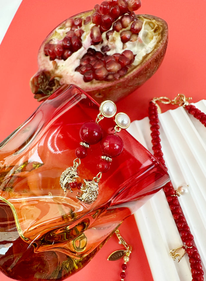 Red Coral With hedgehog Pendant Stud Earrings JE001 - FARRA