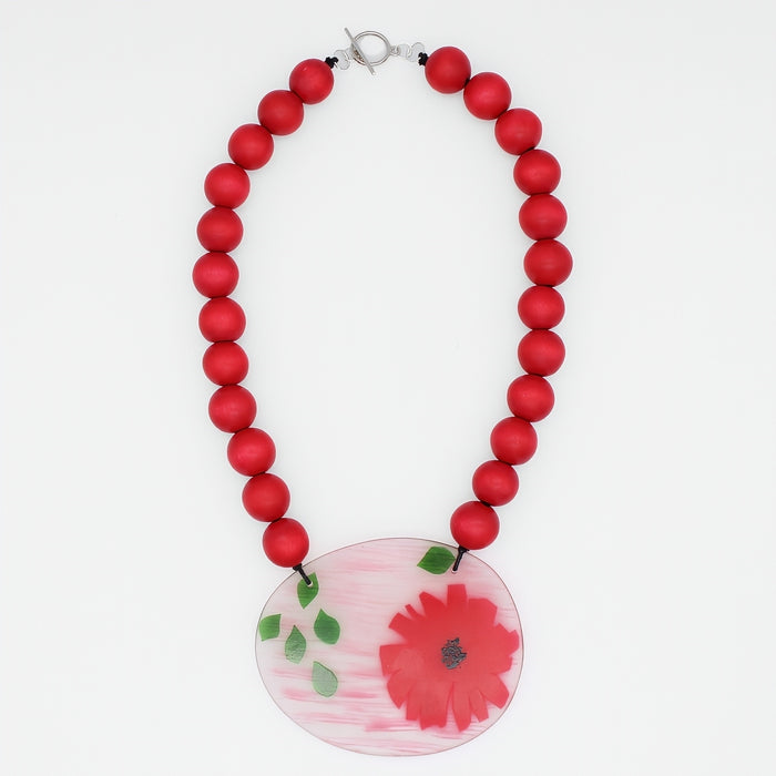 Red Flower Frosted Medallion Statement Necklace - Sylca Designs - Chunky Jewelry