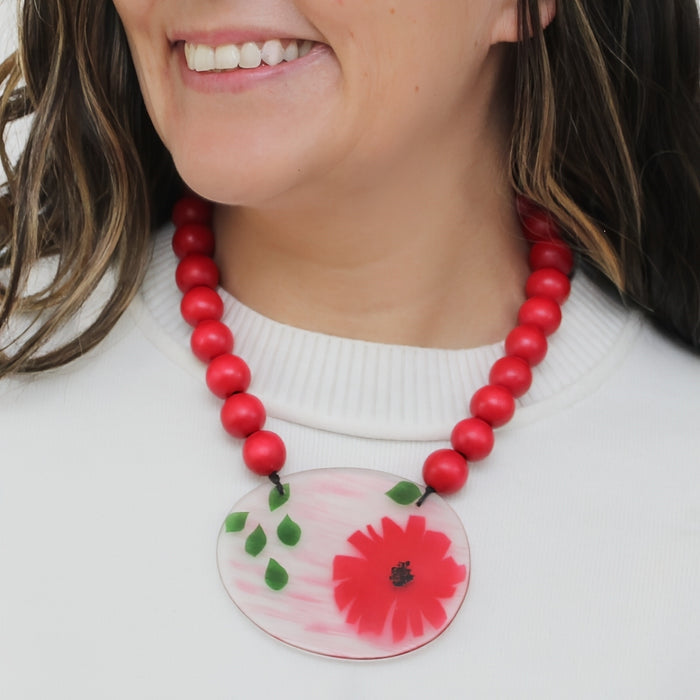Red Flower Frosted Medallion Statement Necklace - Sylca Designs - Chunky Jewelry