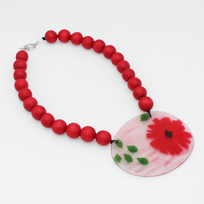 Red Flower Frosted Medallion Statement Necklace - Sylca Designs - Chunky Jewelry