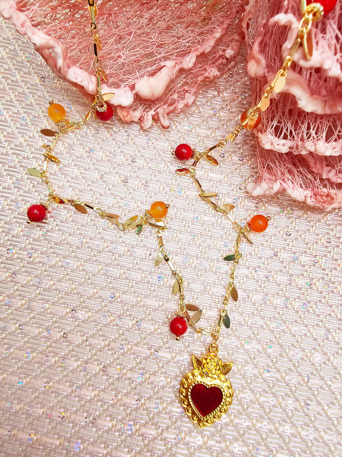 Red Gemstone With Heart Pendant Necklace SN004
