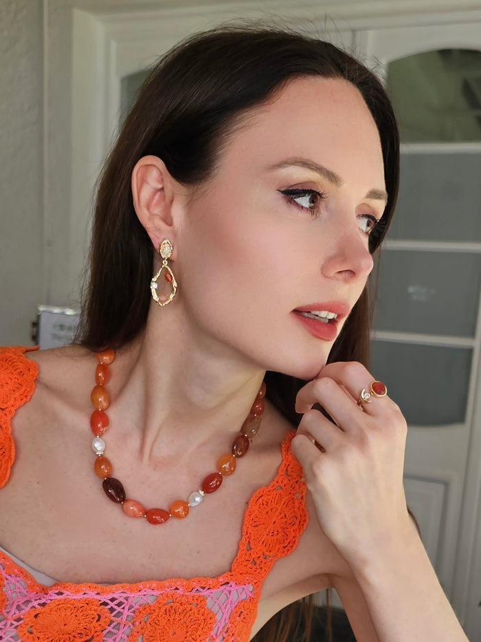 Red Hue Agate Frame Dangle Statement Earrings PE034