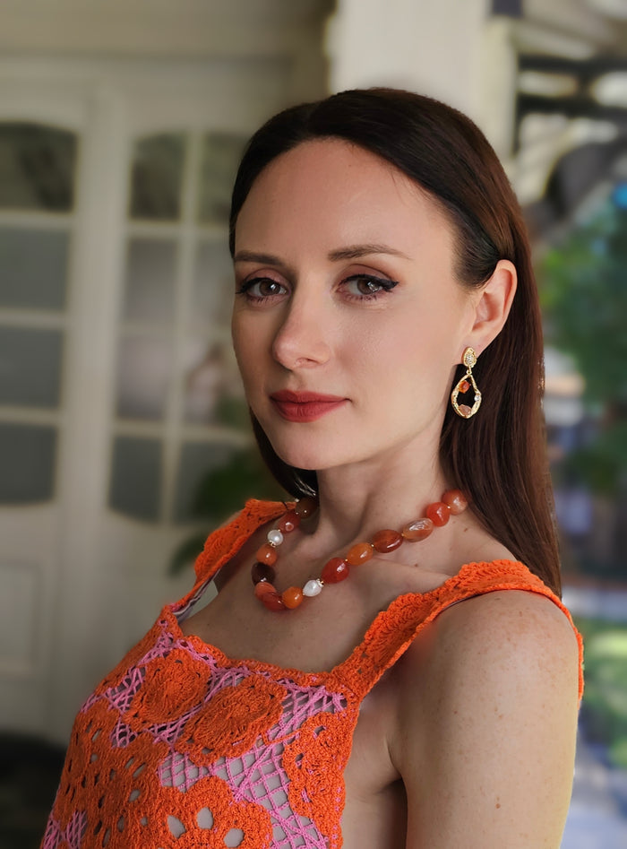 Red Hue Agate Frame Dangle Statement Earrings PE034