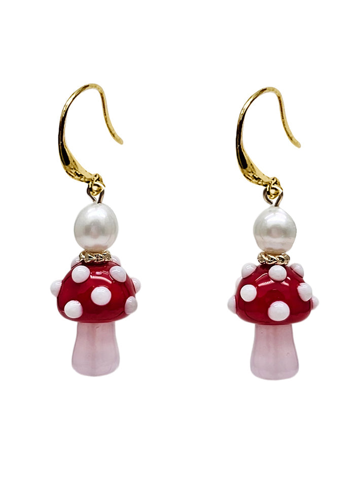 Red Mushroom and Freshwater Pearl Playful Earrings PE031