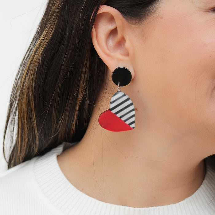 Red Stripe Frosted Heartstrings Earring - Sylca Designs - Chunky Jewelry
