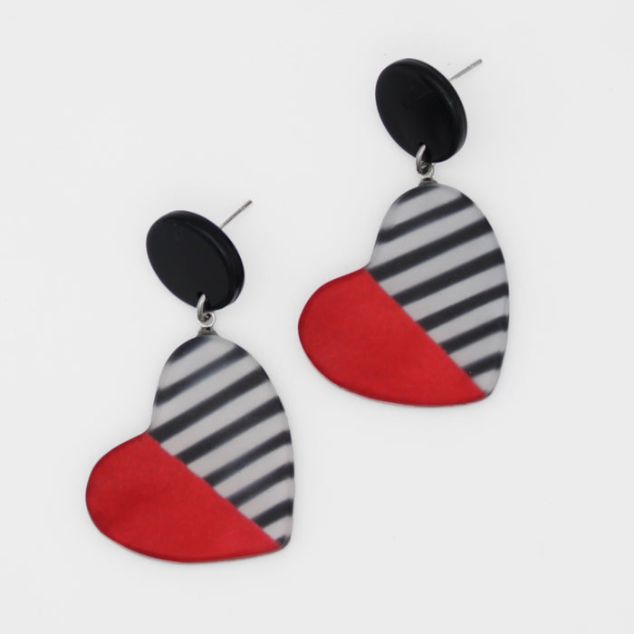 Red Stripe Frosted Heartstrings Earring - Sylca Designs - Chunky Jewelry