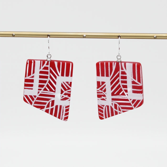 Reva Red and White Painted Grid Earrings - Sylca Designs - Chunky Jewelry