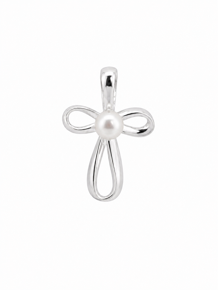 A sterling silver pendant shaped like a cross with a central white pearl