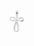 A sterling silver pendant shaped like a cross with a central white pearl