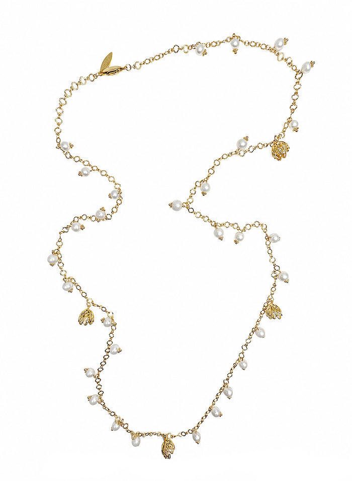 Romantic Style Freshwater Pearl With Flower Charms Long Necklace SN043