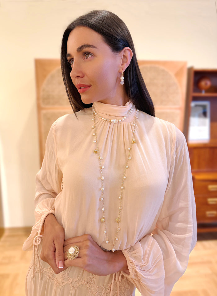 Romantic Style Freshwater Pearl With Flower Charms Long Necklace SN043