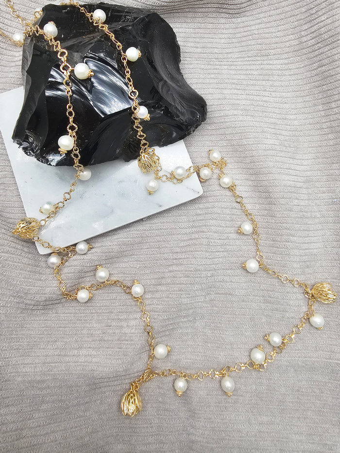 Romantic Style Freshwater Pearl With Flower Charms Long Necklace SN043
