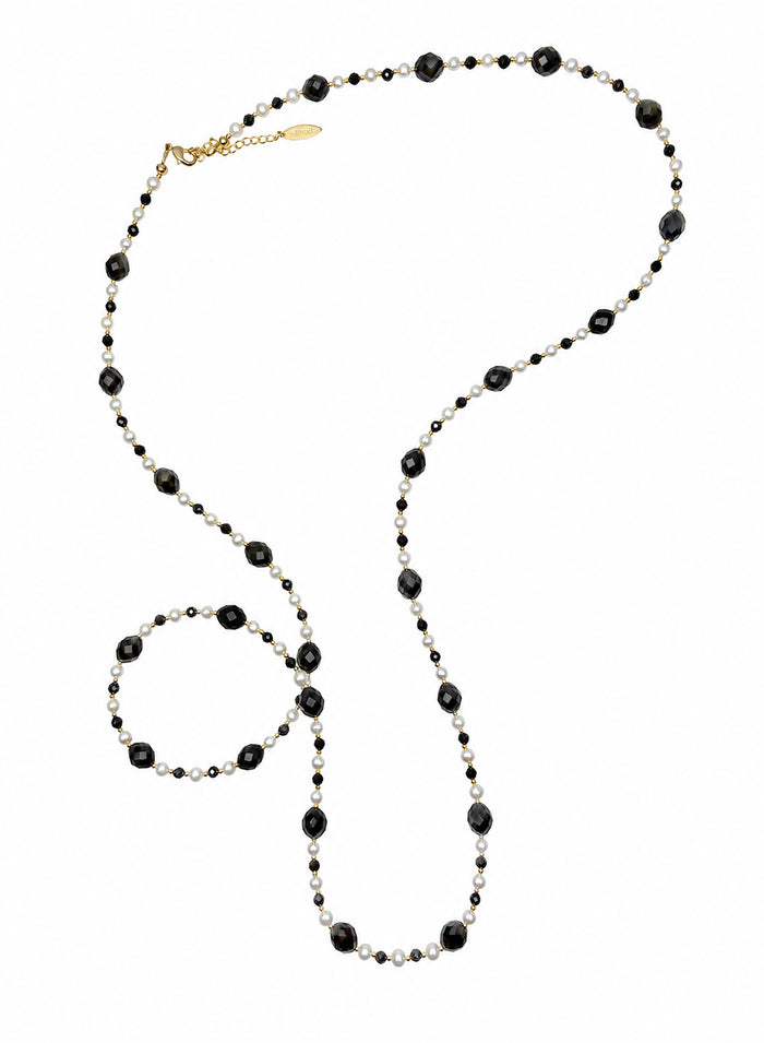 Romantic Style Oval Black Obsidian With White Freshwater Pearl Long Necklace SN048
