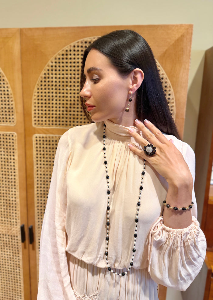 Romantic Style Oval Black Obsidian With White Freshwater Pearl Long Necklace SN048