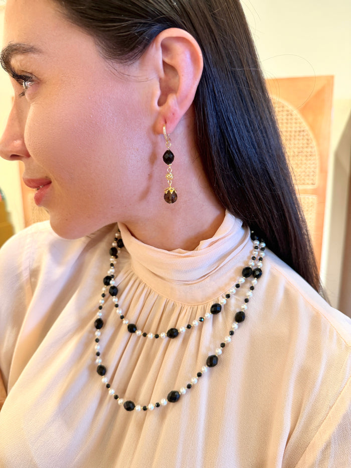 Romantic Style Oval Black Obsidian With White Freshwater Pearl Long Necklace SN048