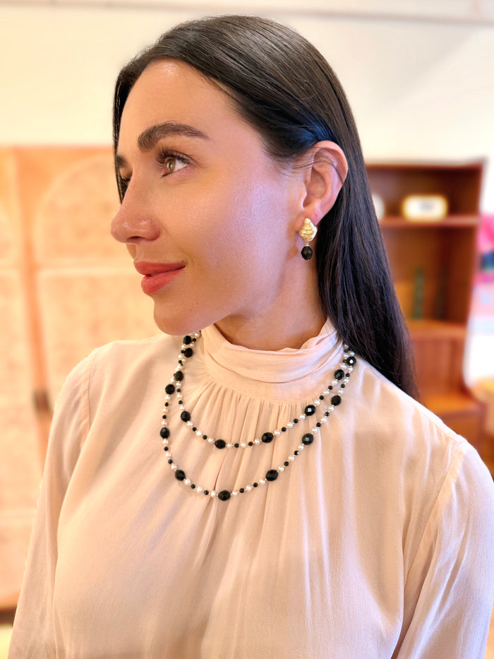 Romantic Style Oval Black Obsidian With White Freshwater Pearl Long Necklace SN048