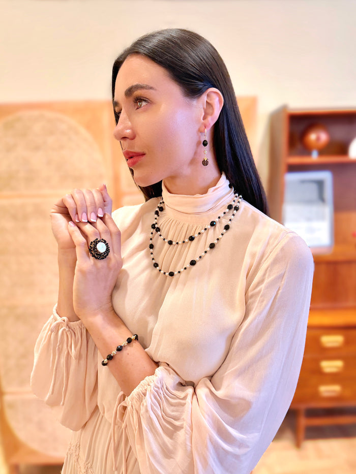 Romantic Style Oval Black Obsidian With White Freshwater Pearl Long Necklace SN048