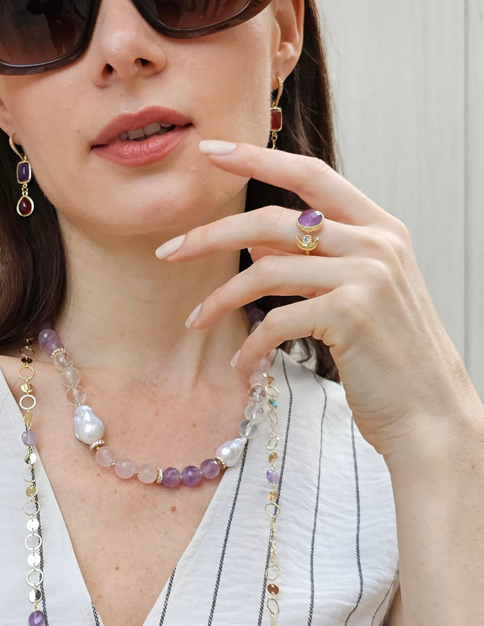 Rose Quartz And Amethyst With Baroque Pearls Necklace PN013