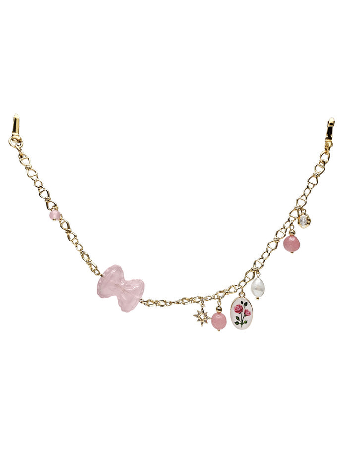 Rose Quartz Bowknot With Rose Chain Bag Charm