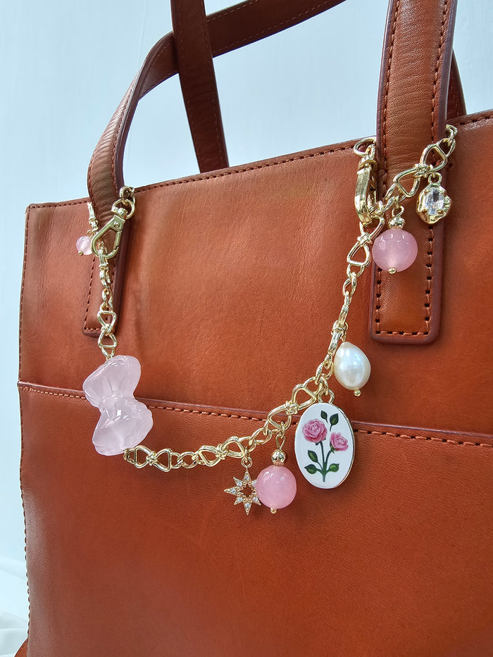 Rose Quartz Bowknot With Rose Chain Bag Charm Rose Quartz Bowknot With Rose Chain Bag Charm