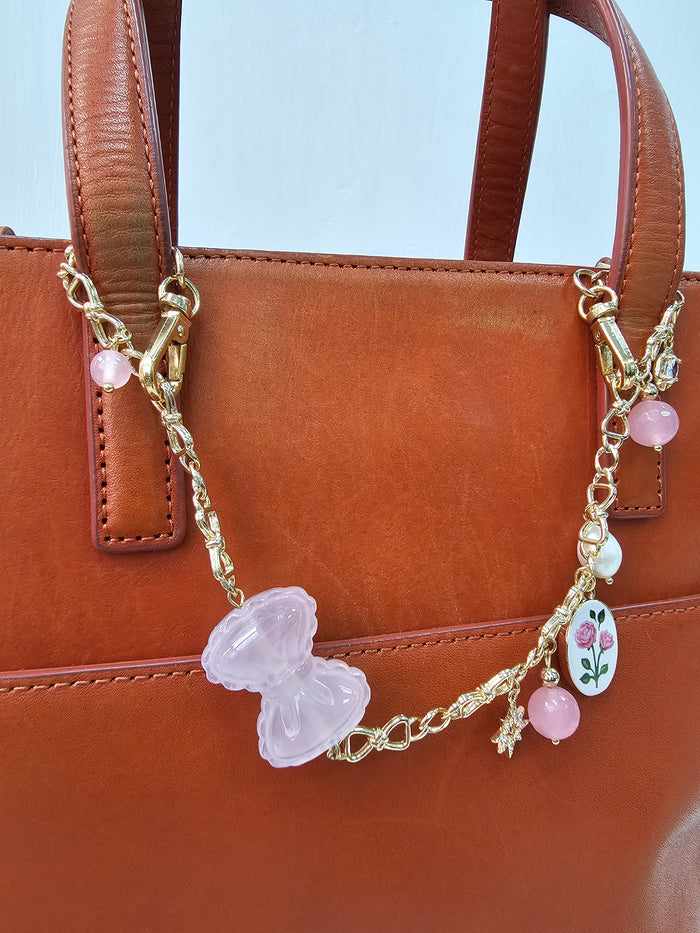 Rose Quartz Bowknot With Rose Chain Bag Charm