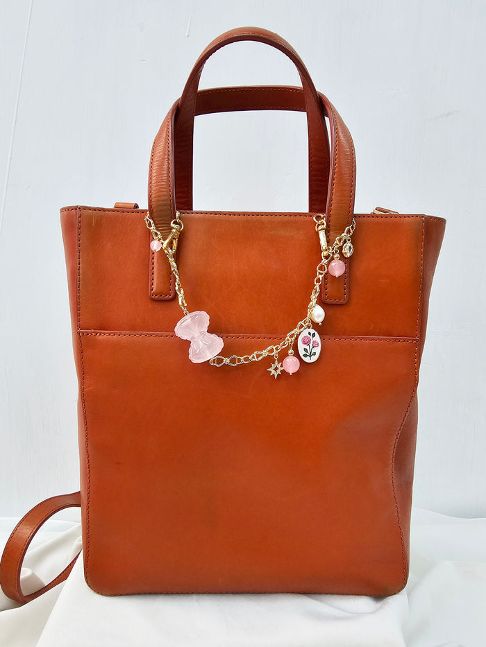 Rose Quartz Bowknot With Rose Chain Bag Charm