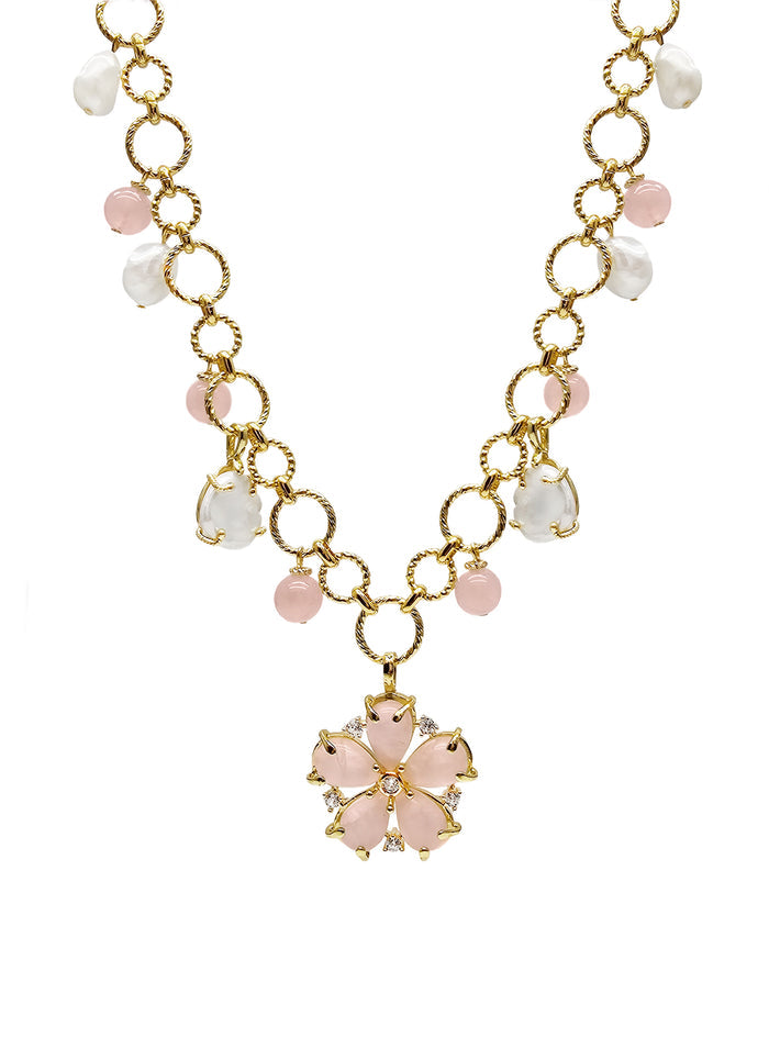 Rose Quartz Flower Pendant With Pearls Chain Necklace RN018