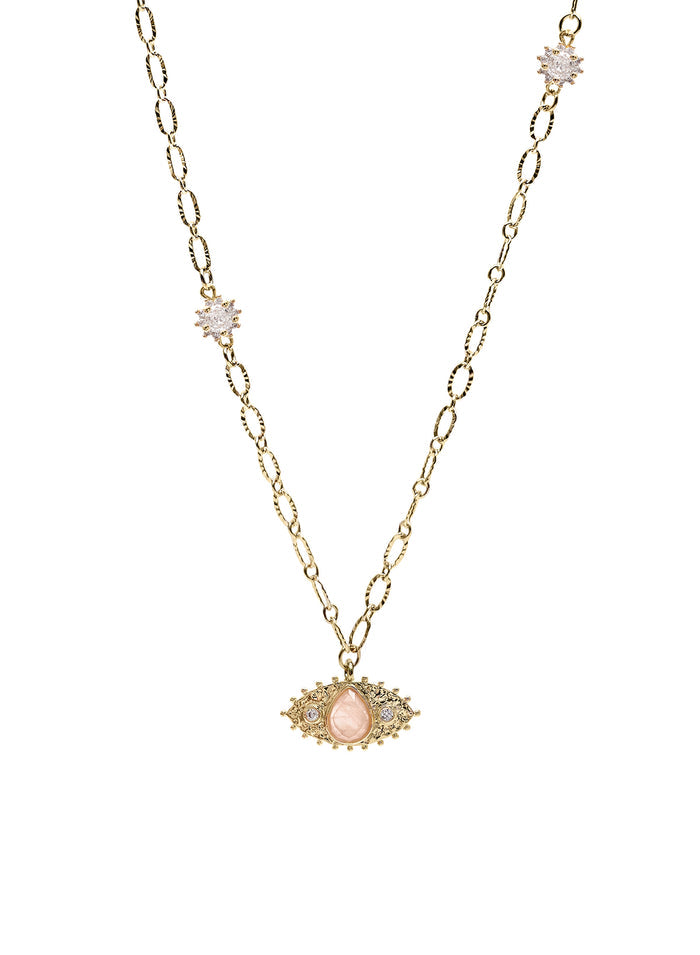 Rose Quartz Turkish Devil Eye Pendant Chain Necklace RN017