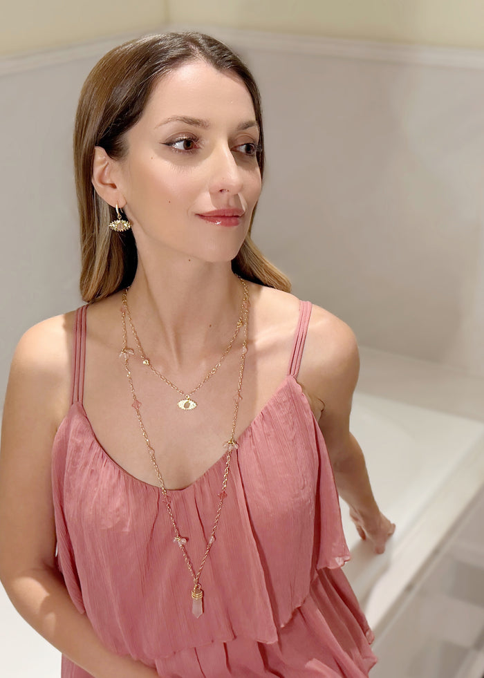 Rose Quartz Turkish Devil Eye Pendant Chain Necklace RN017