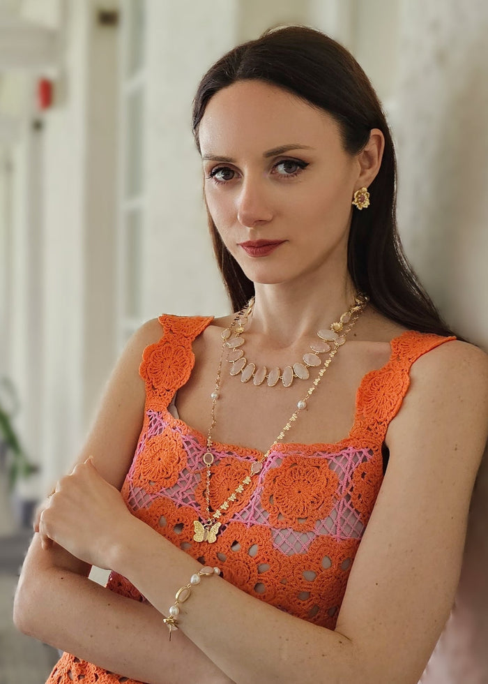 Rose Quartz With Flower Chain Statement Necklace PN038