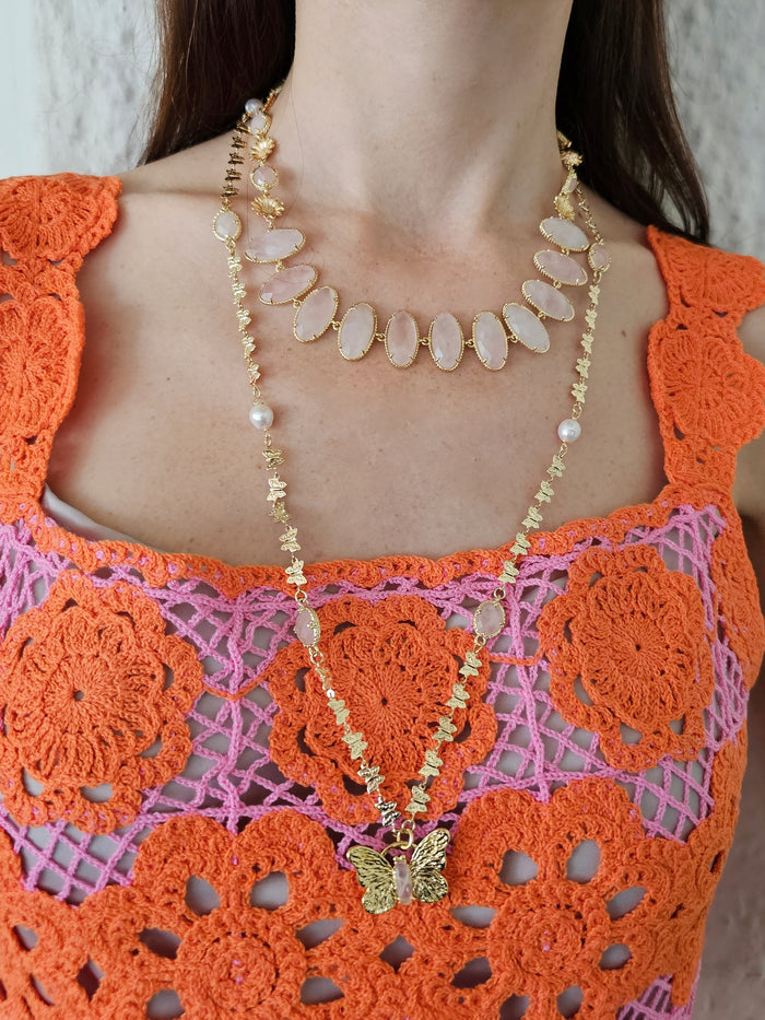 Rose Quartz With Flower Chain Statement Necklace PN038