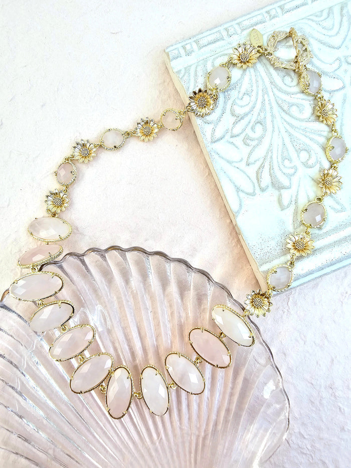 Rose Quartz With Flower Chain Statement Necklace PN038