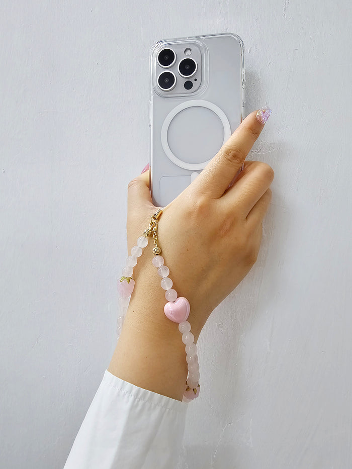 Rose Quartz With Pink Hearts Phone Strap PC017
