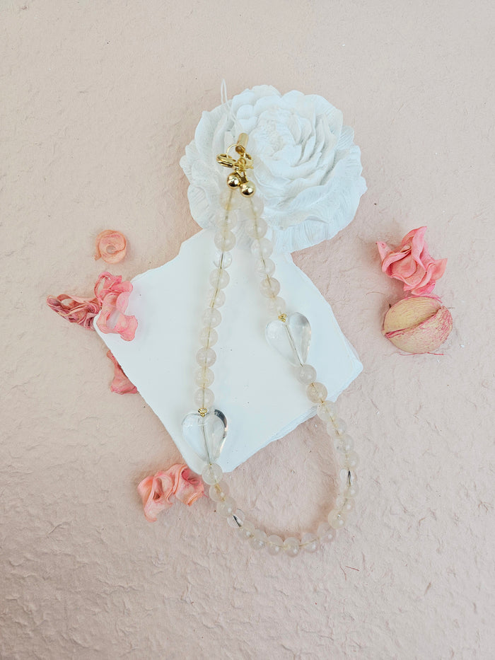 Rose Quartz With White Quartz Hearts Gemstone Phone Strap PC054