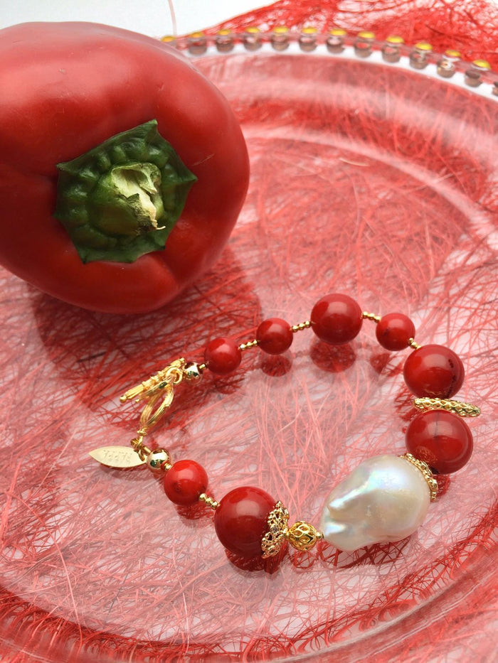 Round Coral with Baroque Pearls Bracelet CB004 - FARRA