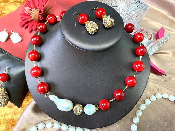 Round Corals With Baroque Pearls & Rhinestone Short Necklace FN005 - FARRA